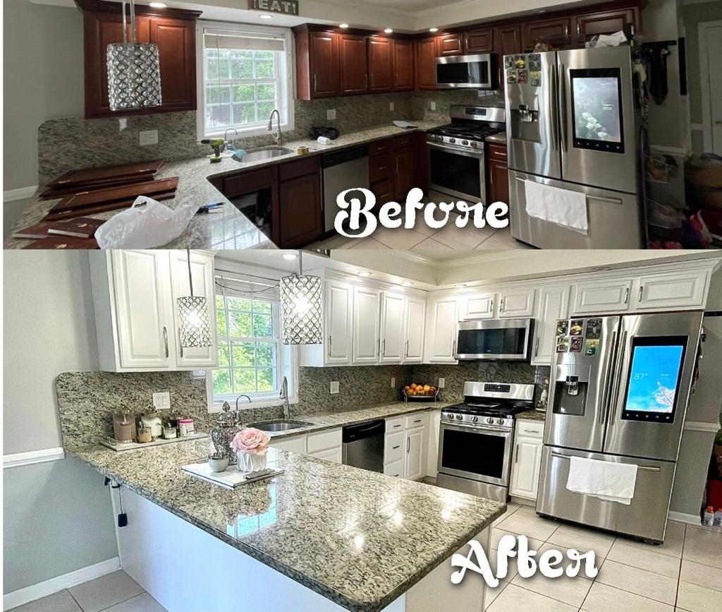 before and after painting of kitchen cabinet